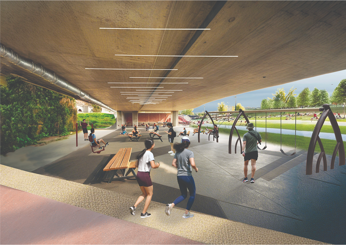 Render showing possible uses underneath a new road viaduct